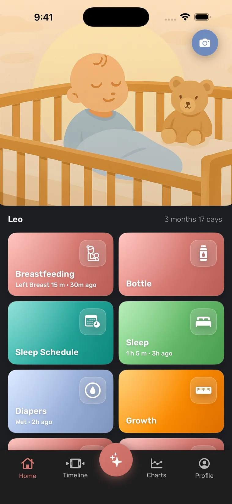 Babylytics home dashboard showing baby care categories