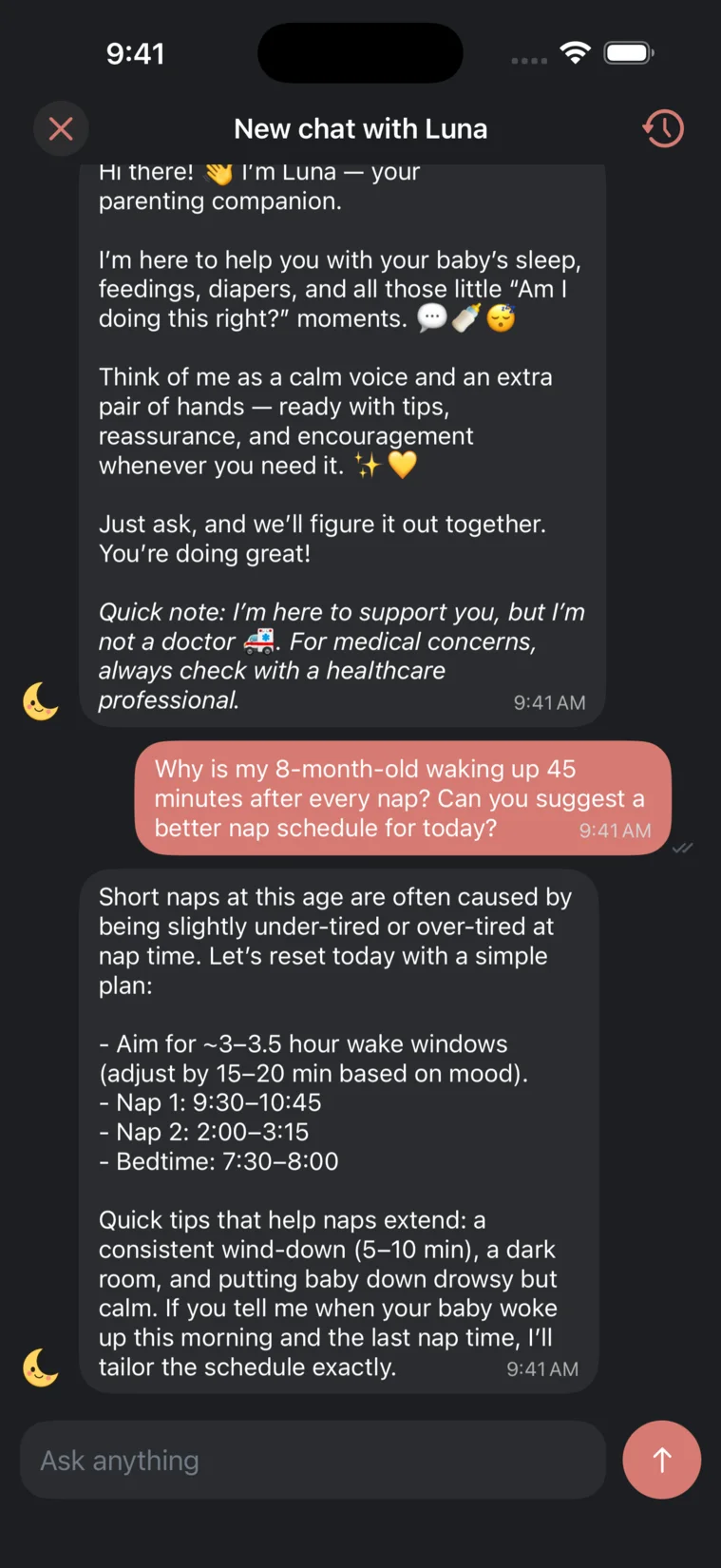 Luna AI assistant in Babylytics answering a sleep question