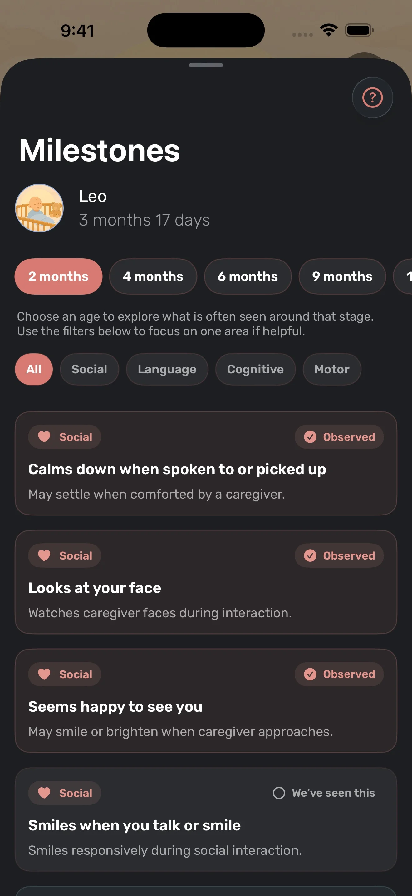 Babylytics milestones view with age-based guideposts